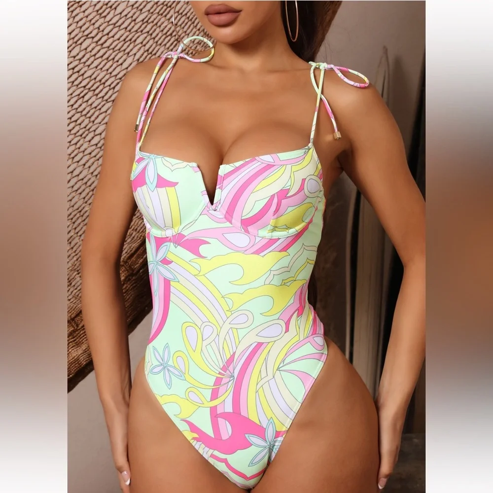 Relaxing This Summer Underwire One Piece Swimsuit - Mint/combo - Picture 2 of 5